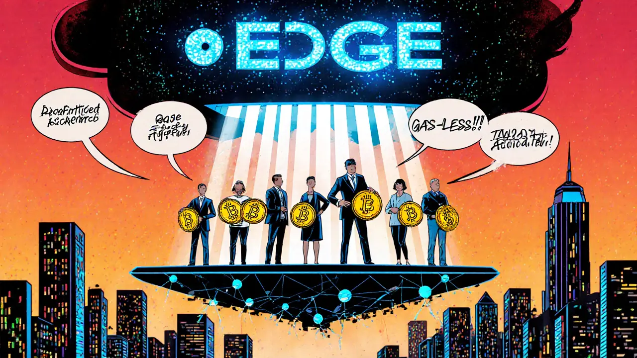 Diverse users stand on a blockchain platform under a massive Definitive logo, connected by radiant beams of EDGE tokens.