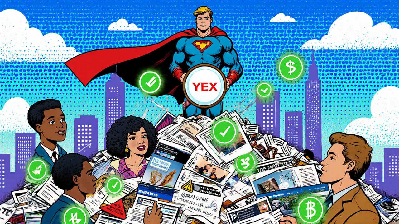 A hero exposes the YEX scam while users report it and use safe exchanges with security badges.