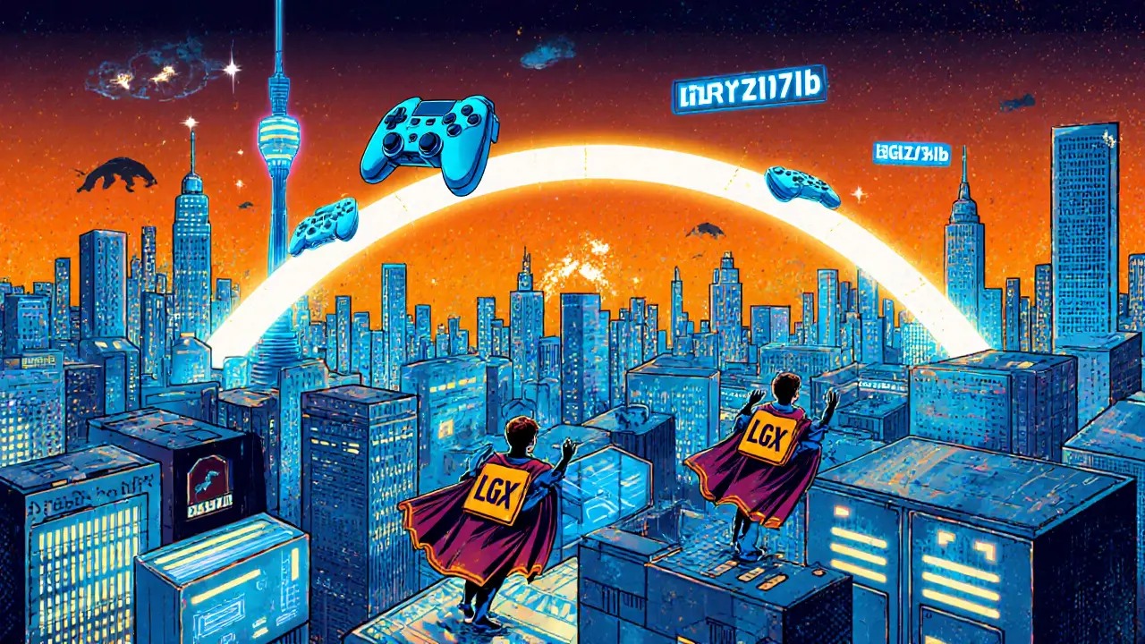 A vibrant digital city built from NFTs and games, with citizens flying on LGX token capes under a glowing referral link.