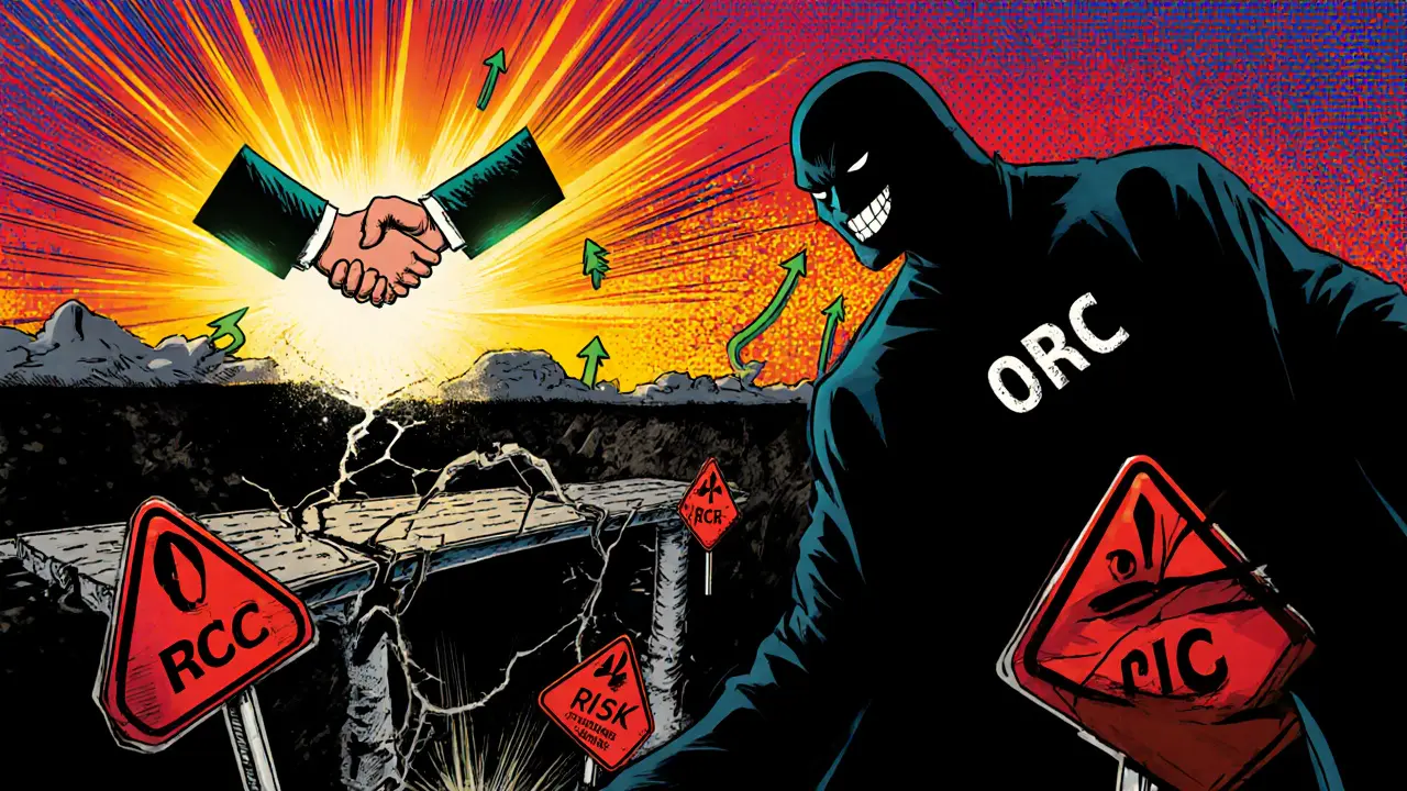 Broken ORC bridge with red warnings contrasted by sunrise hopeful partnership handshake.