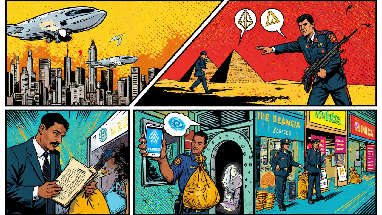 Collage of scenes from China, Afghanistan, Egypt, Nigeria, India, and South Africa illustrating crypto bans.