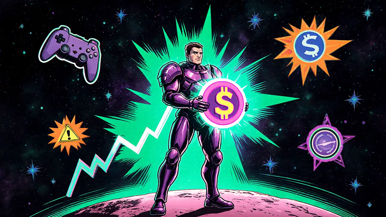 Comic illustration of a hero holding a glowing token with a volatile chart and futuristic symbols behind.