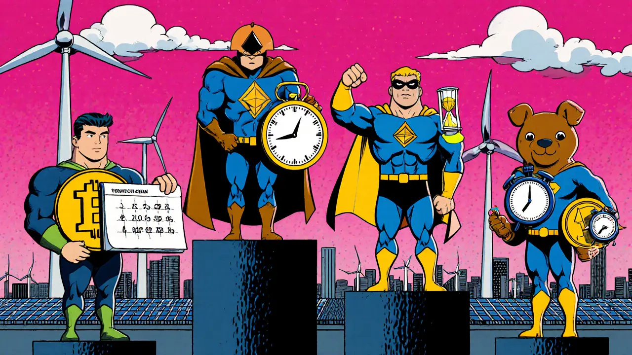 Comic lineup of Bitcoin, Ethereum, Dogecoin, Litecoin heroes showing their difficulty methods.