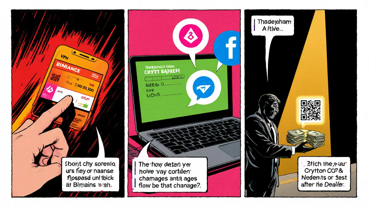 Comic panels showing a trader using a VPN, Binance, messaging apps, and cash‑crypto exchange.