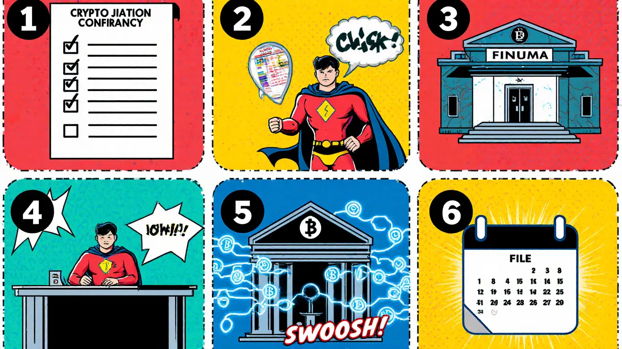 Comic panels showing steps to set up a tax‑free crypto base.