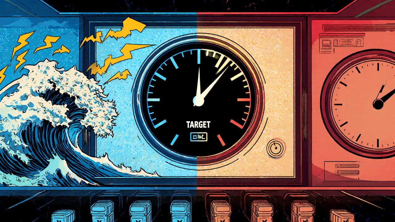 Comic scene showing a thermostat gauge adjusting block time as hash rates change.