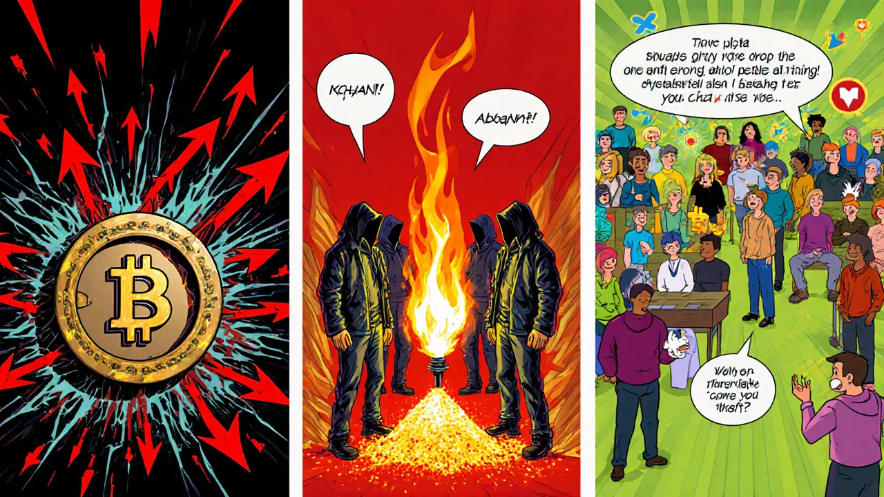 Comic sequence of a market crash, community burning a vault, and voting in a colorful chatroom.