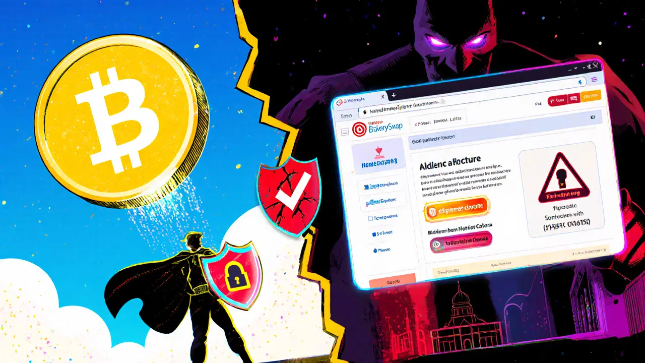 Comic showdown of legit BAKE airdrop versus scam site, with warning symbols.