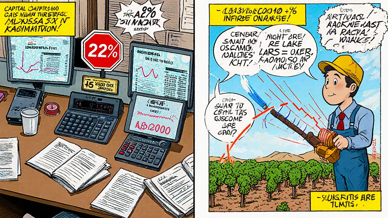 Comic spread detailing capital gains, income tax rates, exemption threshold, and DeFi income in a tax office scene.