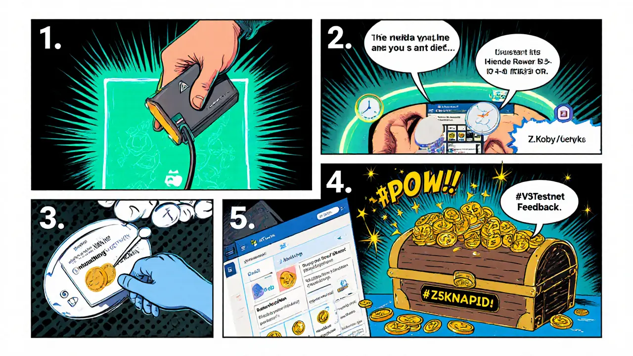 Comic spread showing MetaMask setup, token swap, review writing, tweeting, and ZKS rewards.