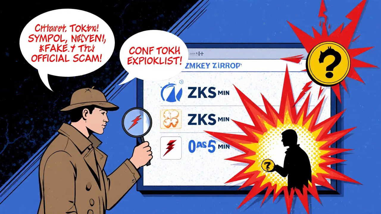 Detective character checks token symbols and network, warning against fake ZKB airdrop scams.