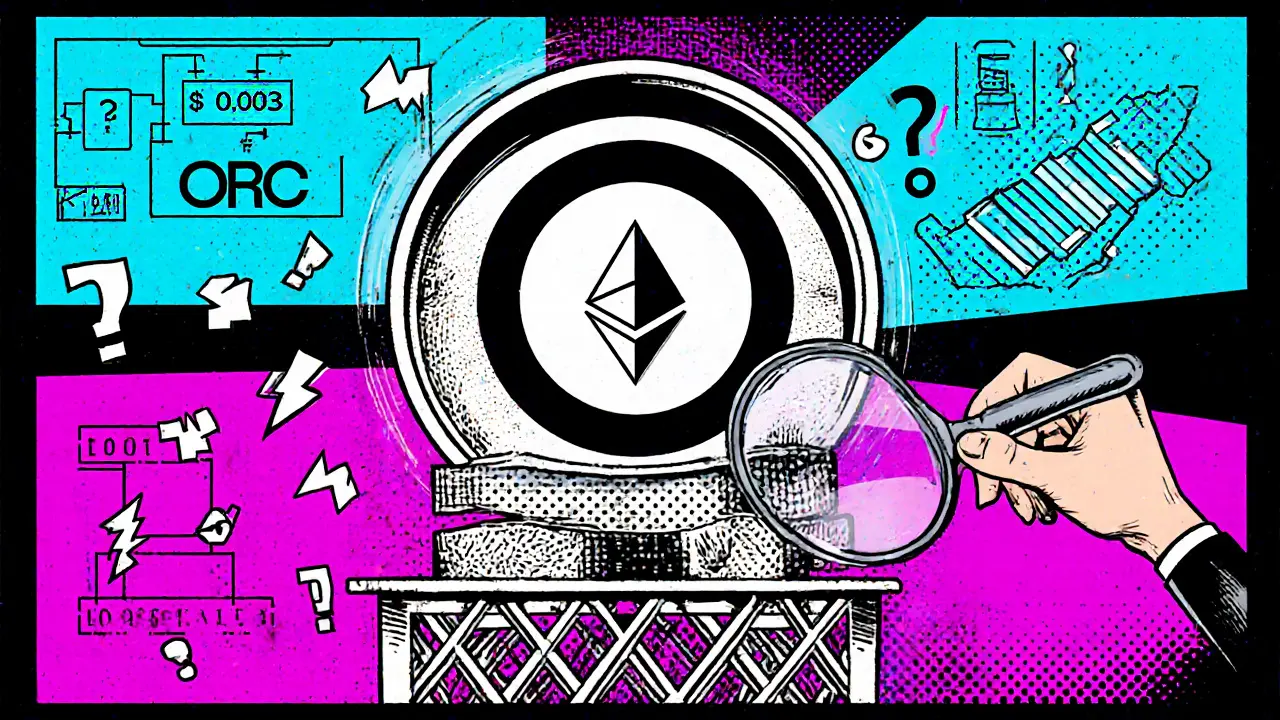 ERC‑20 ORC token on Ethereum lattice with fragmented bridge schematics and market data captions.