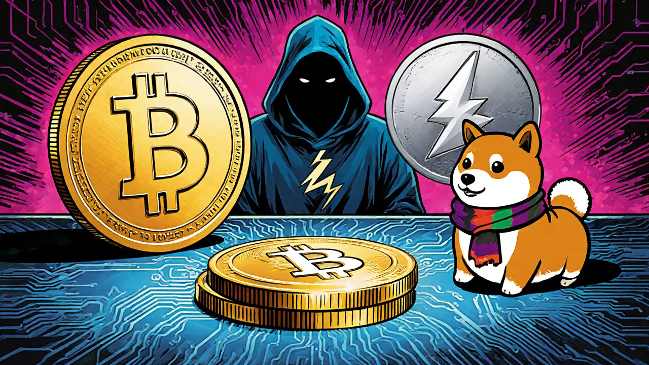 Five cryptocurrency characters—Bitcoin, Litecoin, Monero, Dogecoin, BCH—around a tech table.