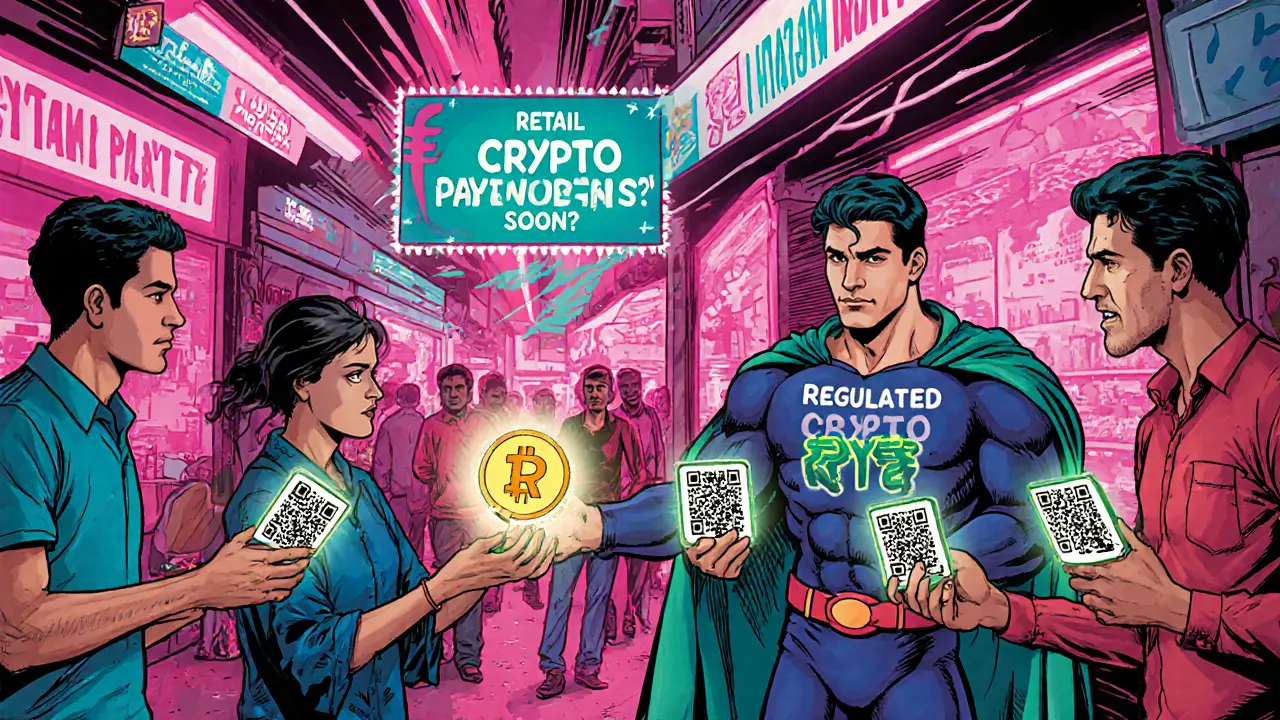 Future market scene with digital rupee payment QR codes and superhero crypto figure.