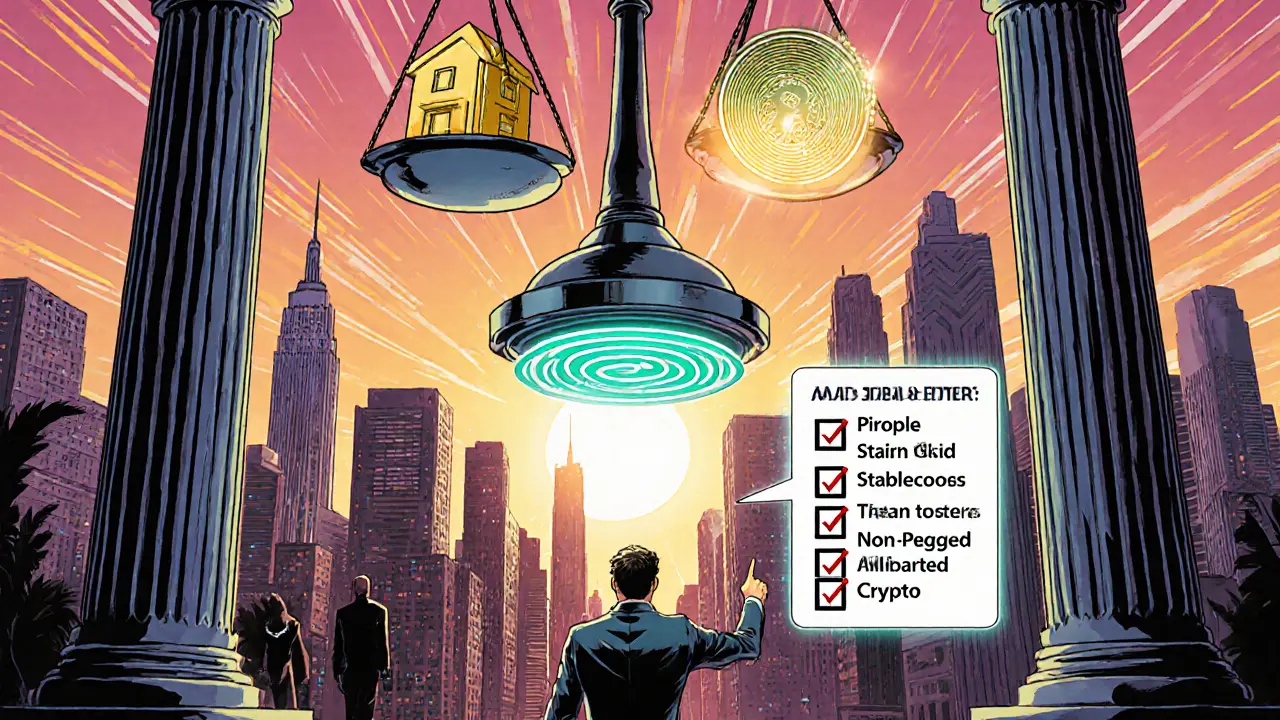 Futuristic city with a lawyer showing a holographic checklist and a three‑tiered scale.
