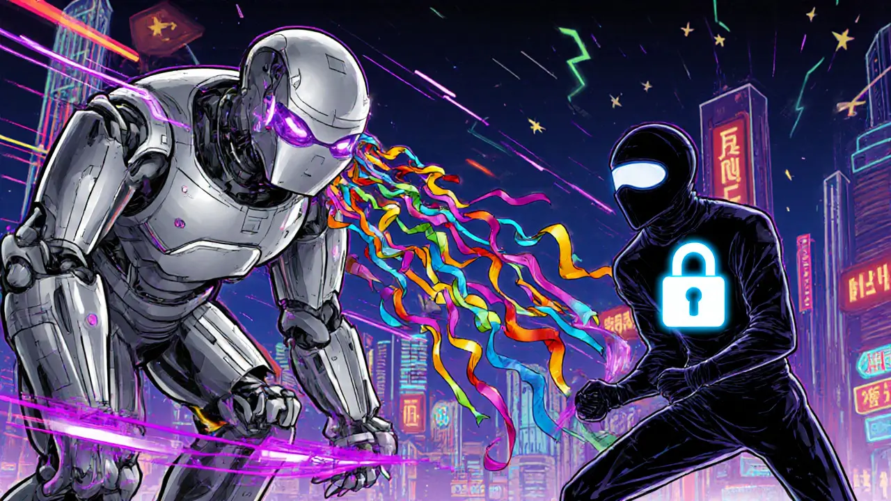 Futuristic firewall robot scans data ribbons while a stealthy VPN disguises traffic as HTTPS.