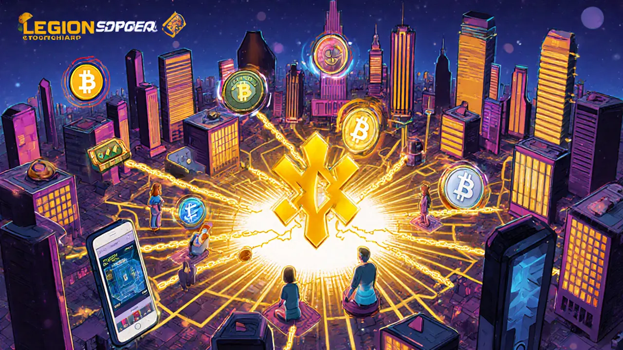 Futuristic mobile ecosystem with NFTs, games, and referral chains glowing.