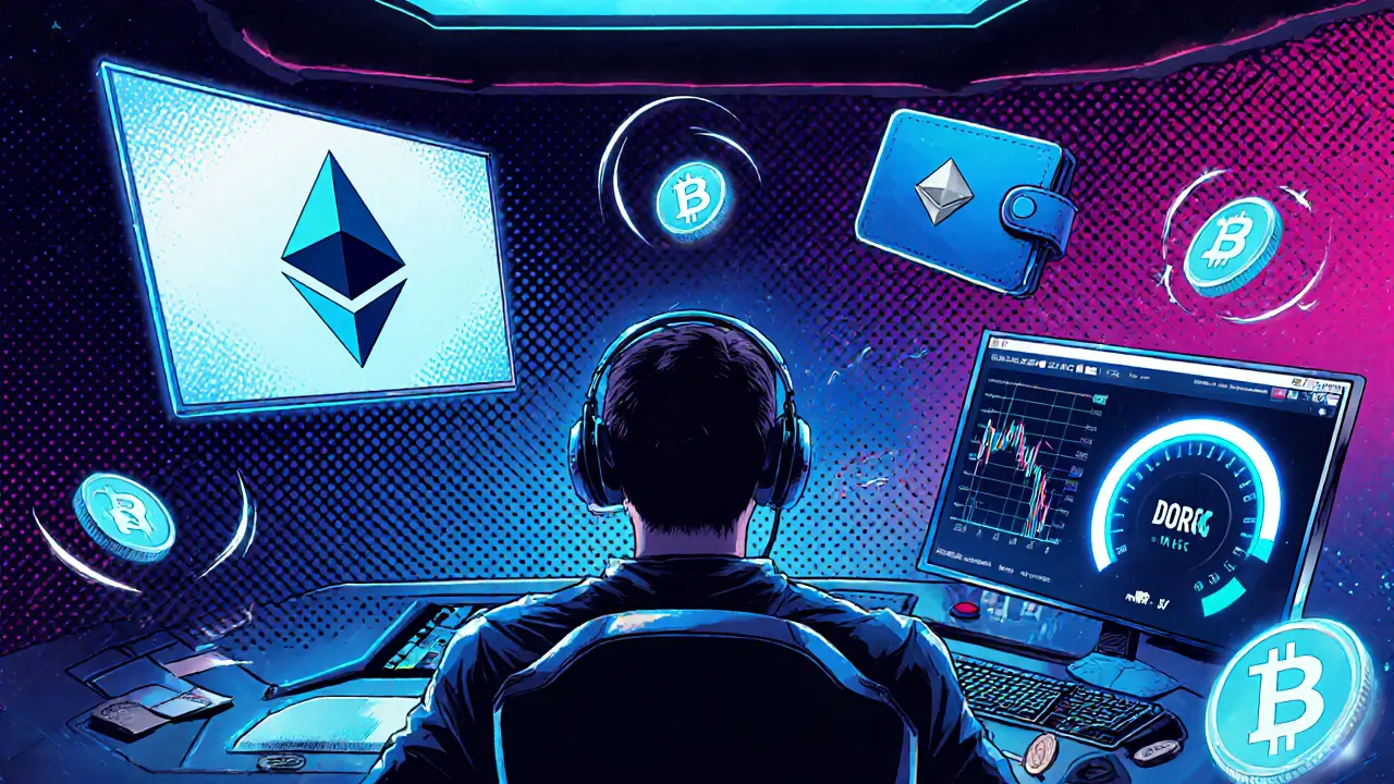 Futuristic trader monitoring Ethereum and MEXC screens with DORKY slippage gauge.