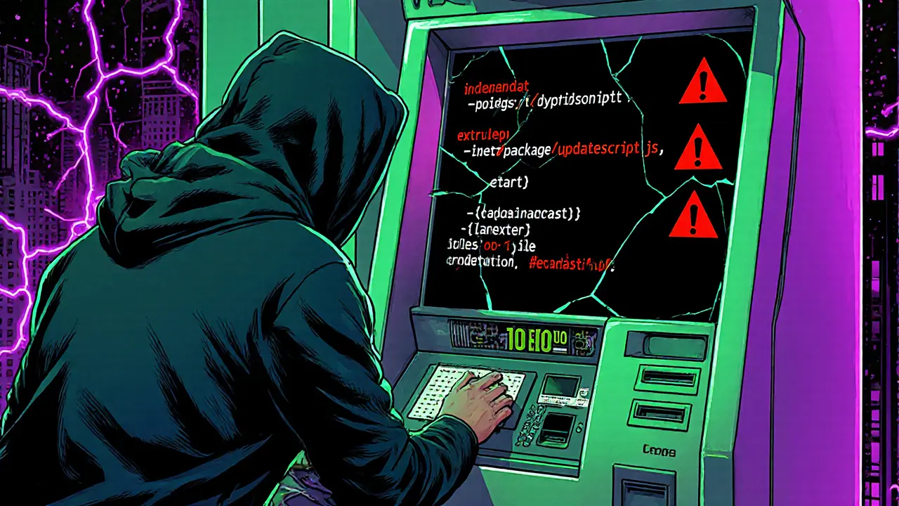 Hacker opening a Lamassu crypto ATM, showing malicious code path and alerts.