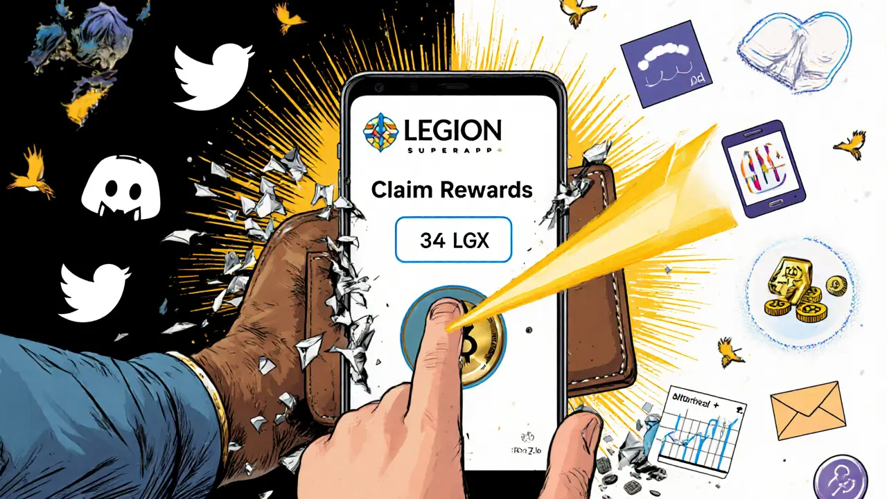 Hand tapping a phone to claim 34 LGX tokens, with chaotic crypto tasks being crushed and simple steps glowing.