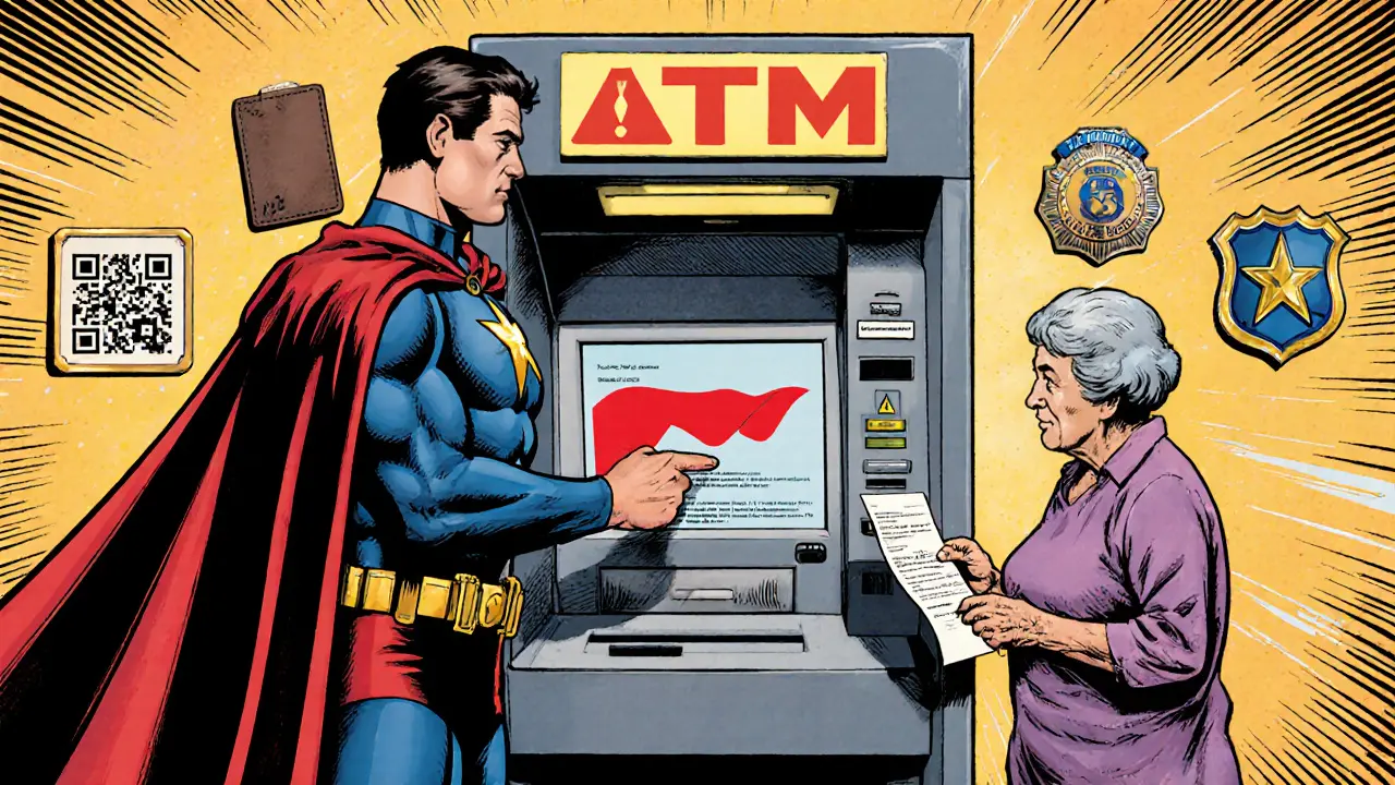 Hero guiding an older woman at a crypto ATM with warning signs and safety icons.