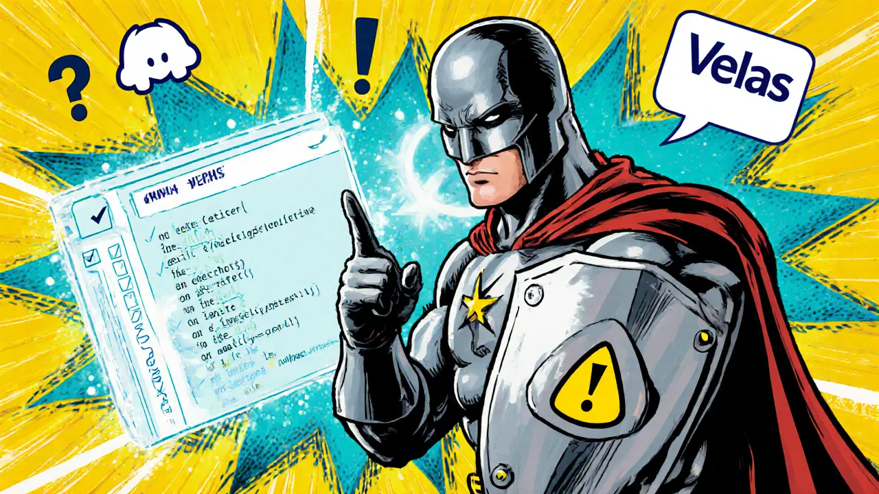 Heroic figure shields a holographic smart‑contract code while warning symbols hover nearby.