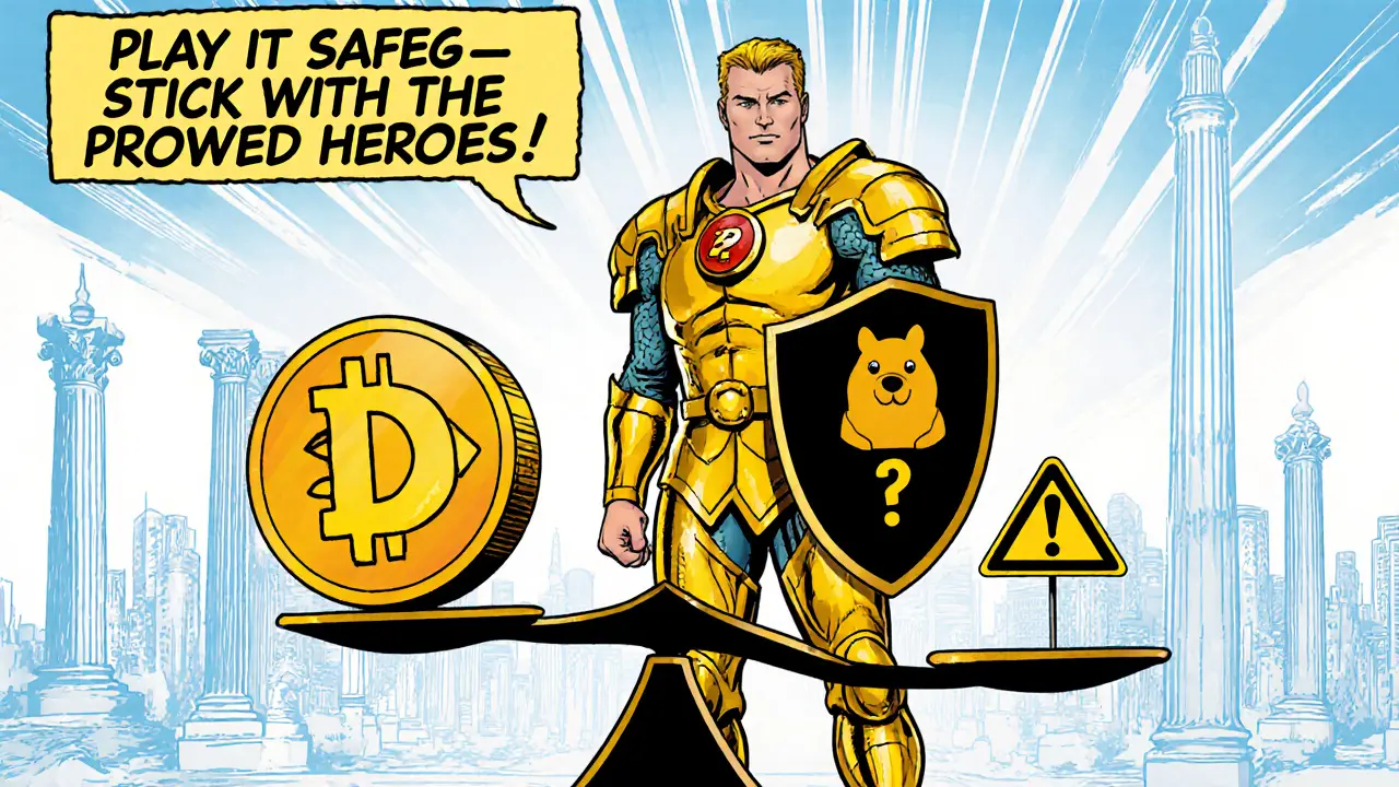 Heroic investor with a shield protecting Dogecoin, while a tiny MicroDoge teeters on a scale.