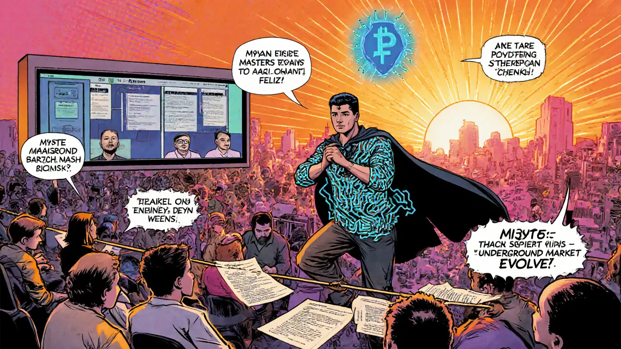 Heroic leader of Myan Crypto Masters on a tightrope over legal papers with blockchain symbols.