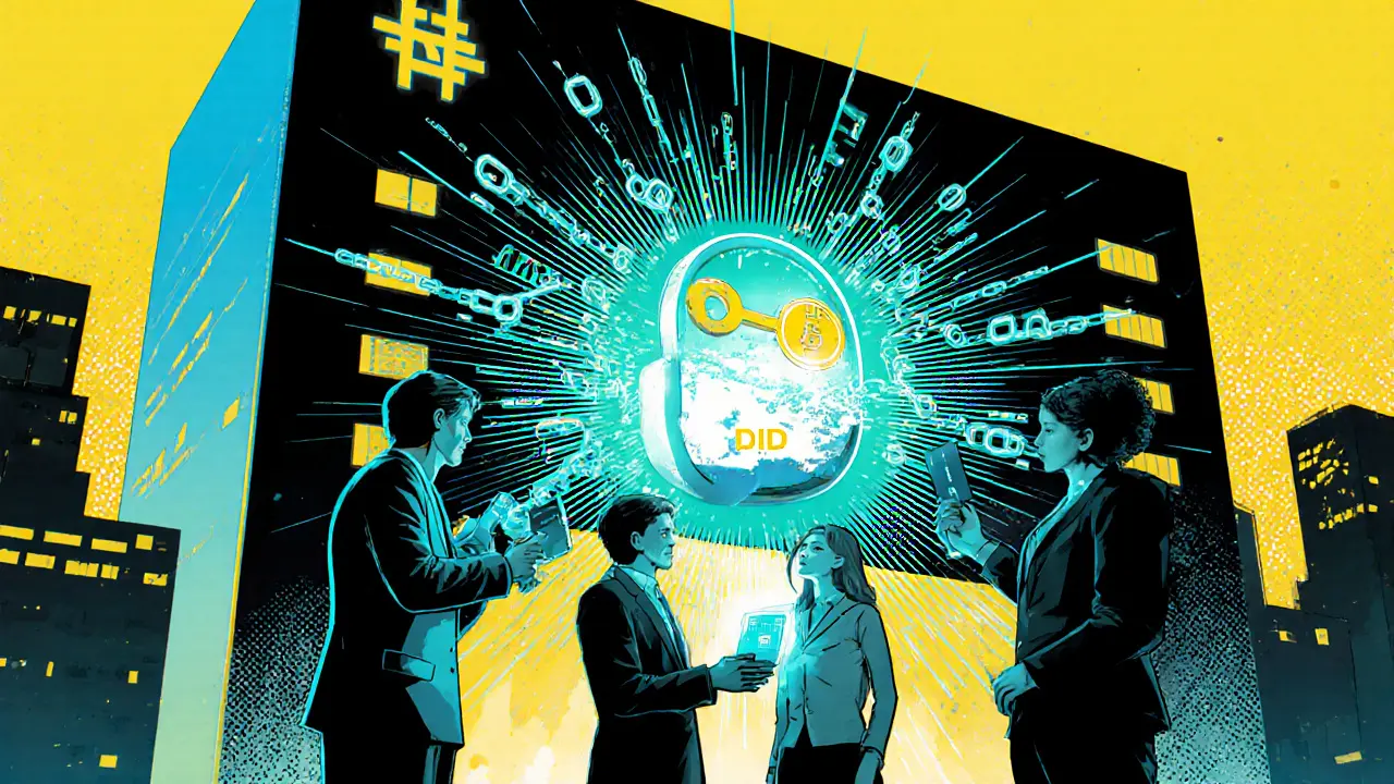 Hybrid hub where characters exchange traditional badges and DID tokens at a unified scanner.