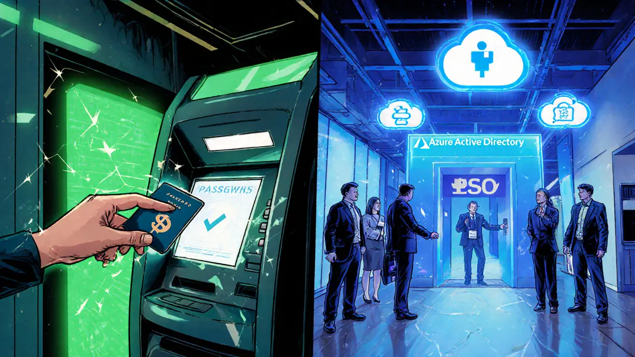 Left: bank ATM verifying identity via digital wallet; right: office employees using Azure SSO badge swipe.