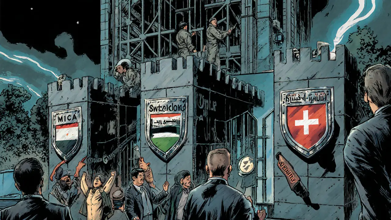 OKX fortress guarded by regulatory shields, with users from Asia and Africa gaining access.