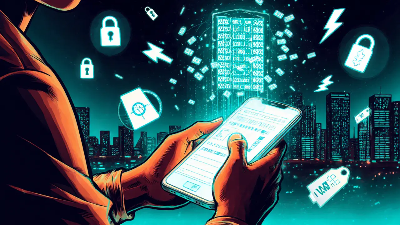 Person using a mobile wallet, with holographic blockchain blocks and low‑fee icons.