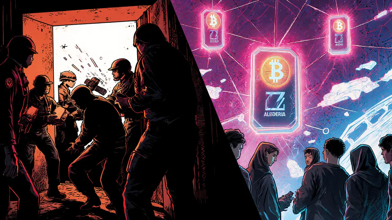 Police raid clashes with a neon‑lit underground crypto market, showing risk and future hope.