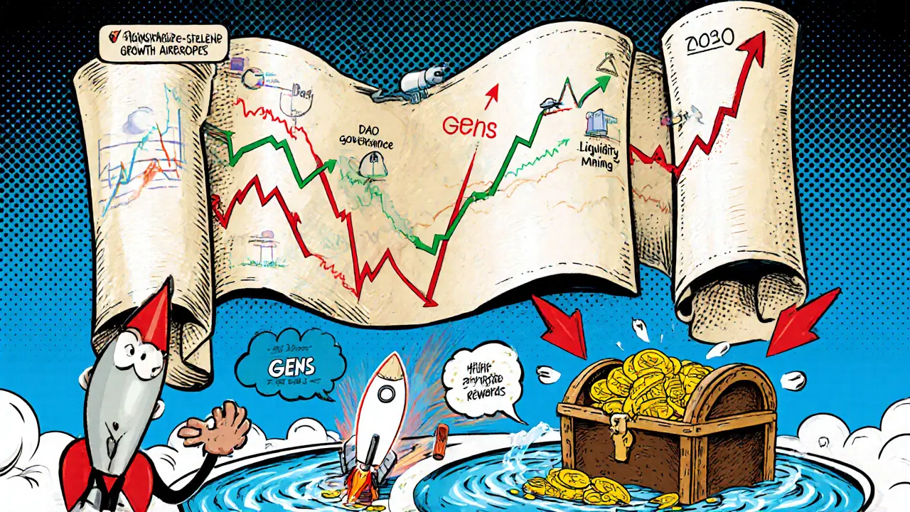 Roadmap comic shows milestones, treasure chest of GENS, staking investor and rocket launch.