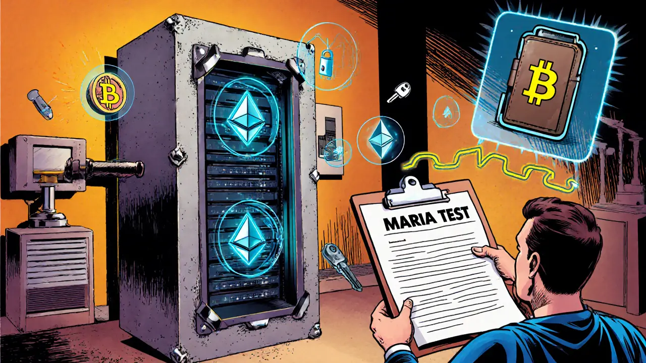 Server rack in a home with floating MARIA test icons and crypto symbols in comic art.