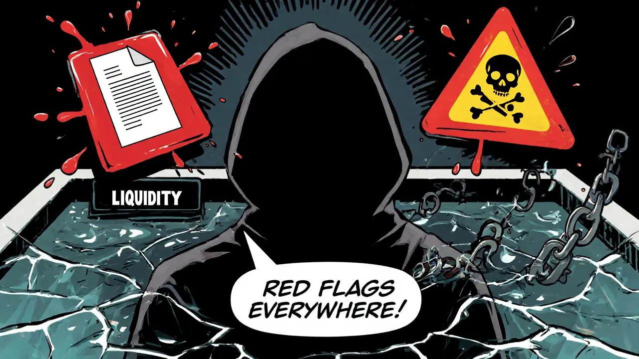Shadowy figure beside a cracked liquidity pool with warning icons and red alerts for MicroDoge.