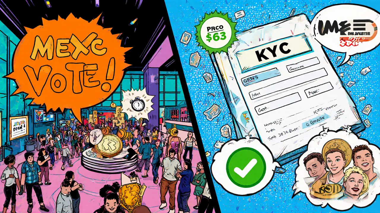 Split comic panel: MEXC voting with MX tokens and Gate.io KYC sign‑up with token rain.