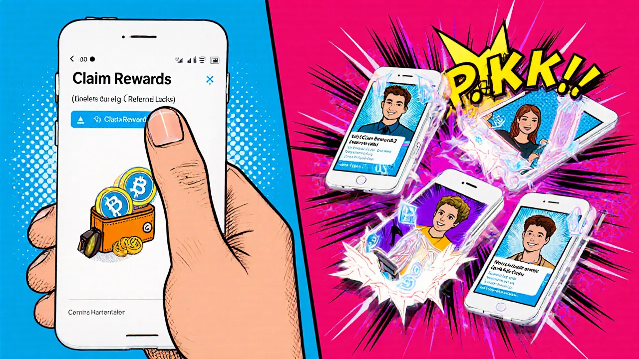 Split comic panel showing token claim and referral sharing on phones.