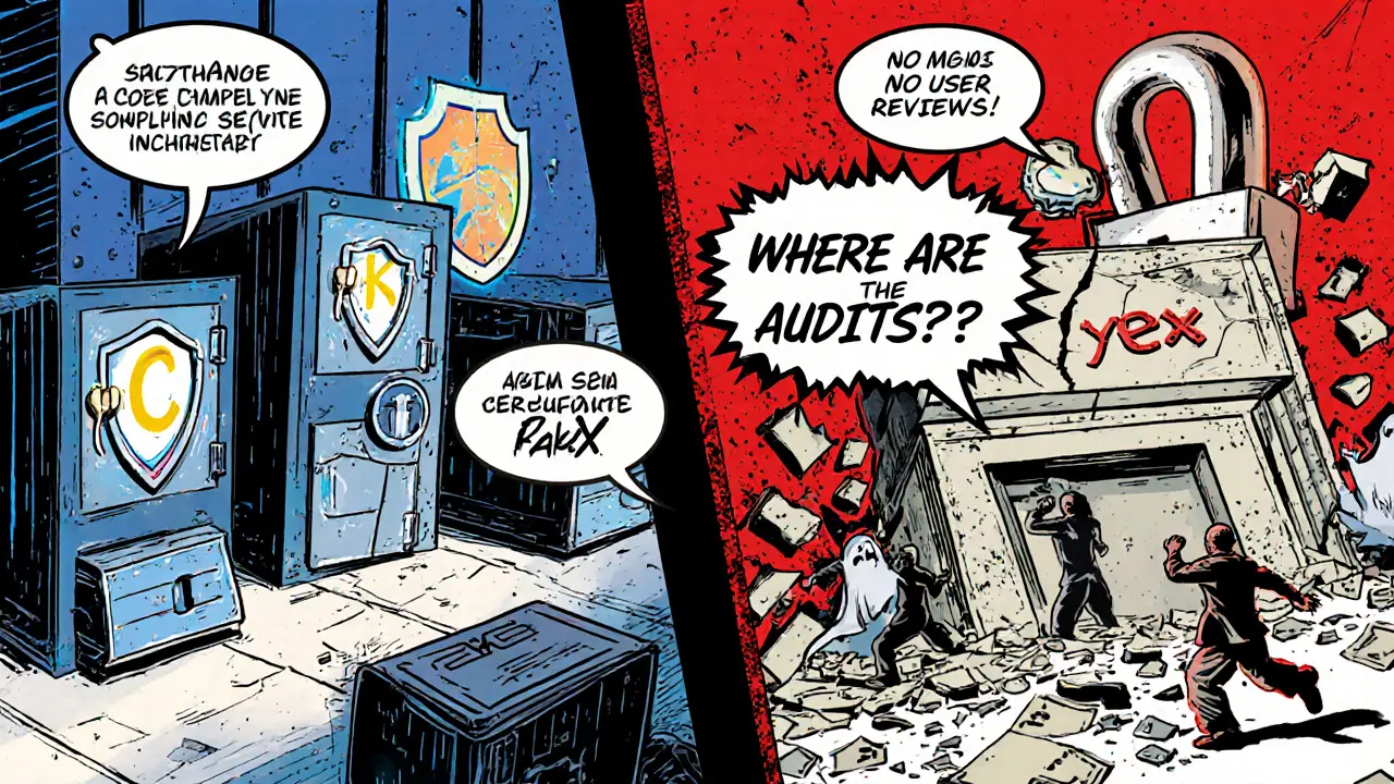 Split panel: trusted exchanges with security features vs. a crumbling fake exchange labeled YEX.