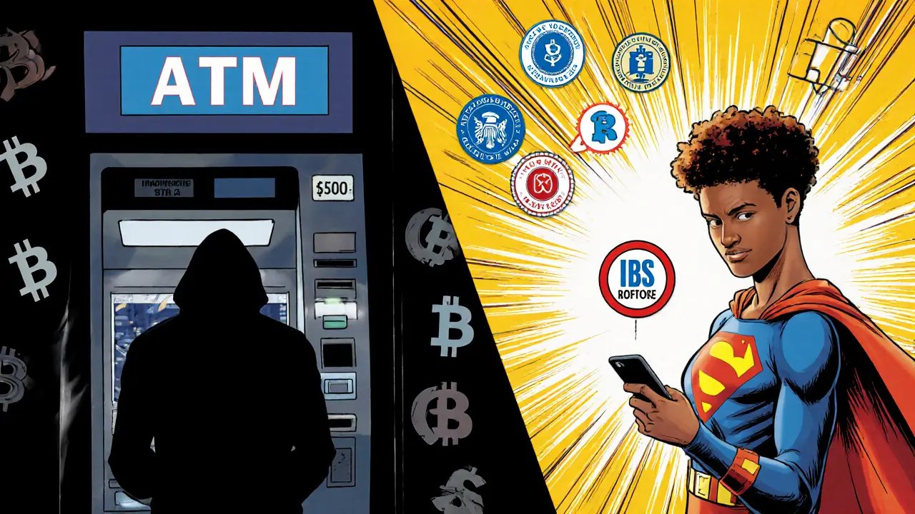 Split scene: anonymous Bitcoin ATM on one side, verified digital wallet with compliance badges on the other.
