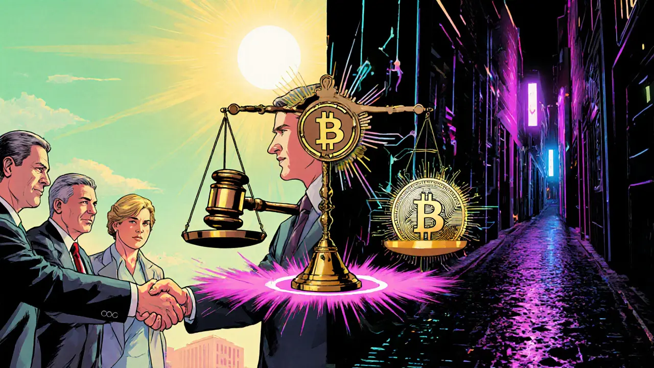 Split scene showing hopeful regulatory cooperation on left and dark cyber‑alley with rising premiums on right.