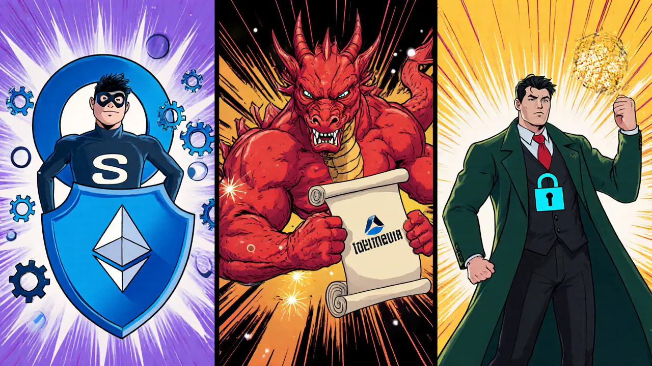 Three superhero figures symbolize Azure, Alibaba Cloud, and Quorum BaaS platforms.