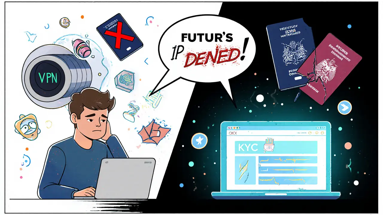 Trader in Germany seeing blocked VPN and passport, with safe spot trading interface visible.