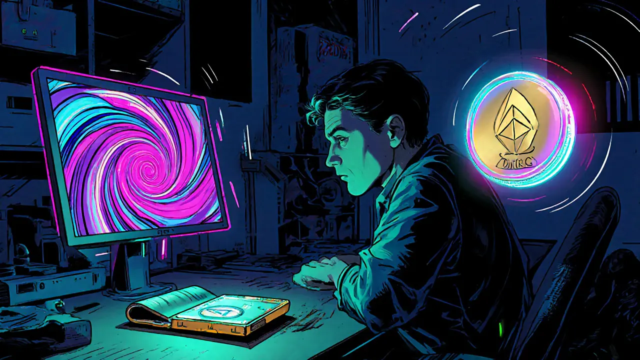 Trader uses a laptop with VPN tunnel graphics and a hardware wallet to handle privacy coins.