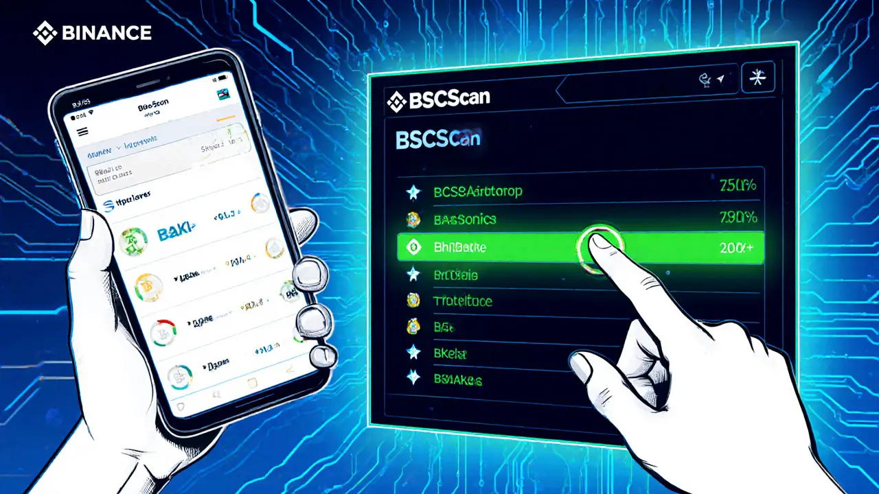 User checks BSCScan on a phone, confirming BAKE token airdrop receipt.