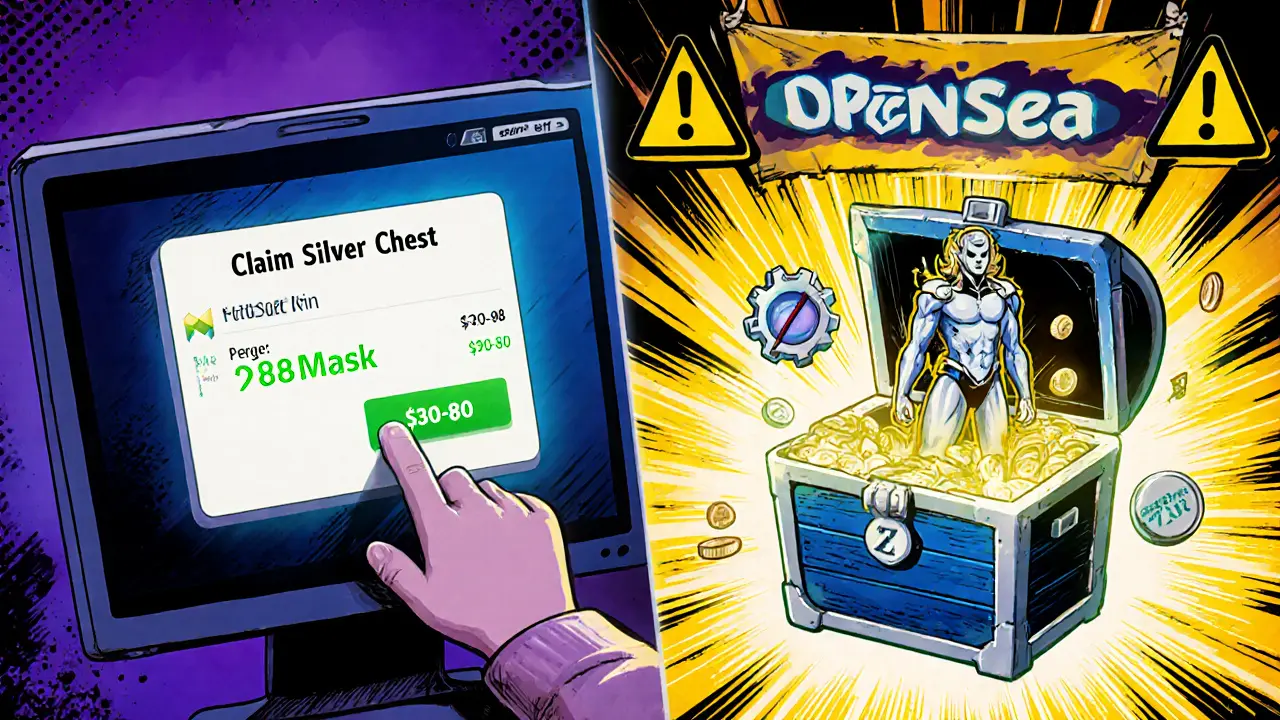 User claims the Silver Chest NFT, revealing a character skin, crafting boost, and staking token.