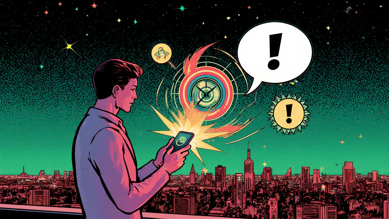 User on a rooftop receives glowing alerts about Velas updates against a futuristic skyline.