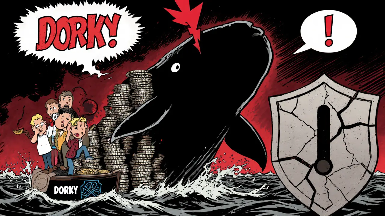 Whale of DORKY coins hovering over a small wallet, illustrating liquidity risk.