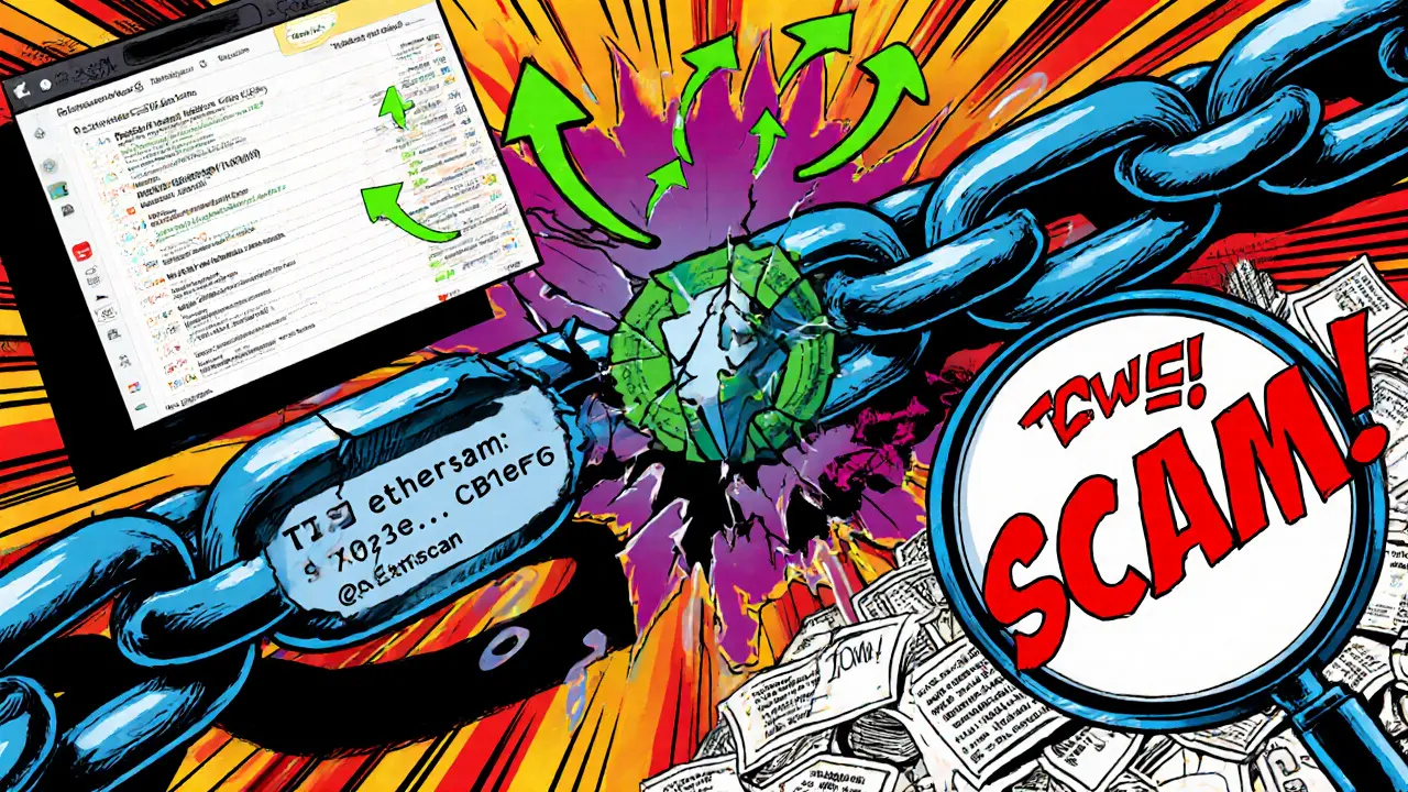 A broken blockchain link with zero transactions, ghostly arrows, and a giant &#039;SCAM&#039; stamp crushing fake volume.