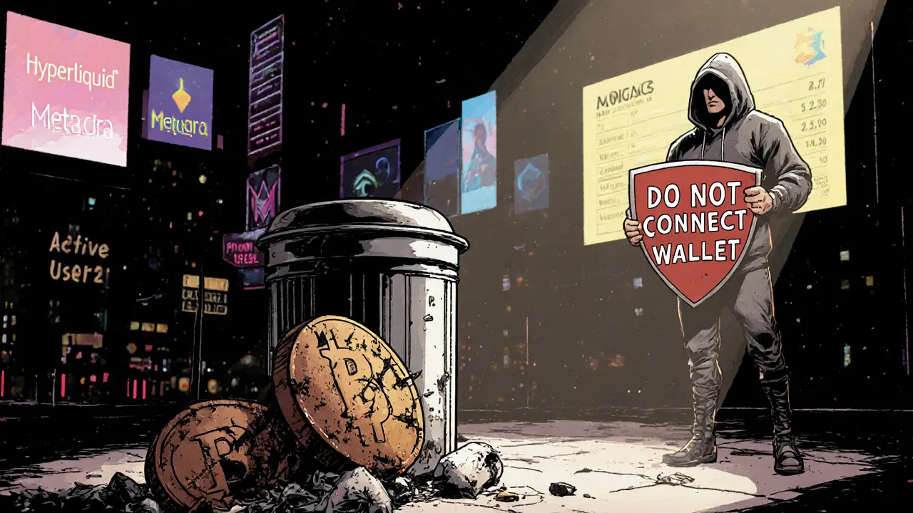 A broken PNDR token in trash beside real airdrop projects glowing on digital billboards, with a hero holding a &#039;DO NOT CONNECT WALLET&#039; shield.